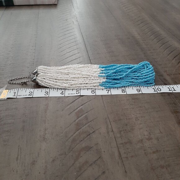 Adjustable White and Blue Multistrand Seed Bead Necklace Beachy Coastal Chic - Picture 2 of 4